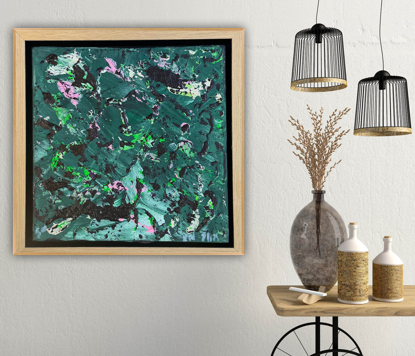 Framed in oak Original Abstract contemporary Oil Painting On Canvas 20 x 20Cm Orchard oka