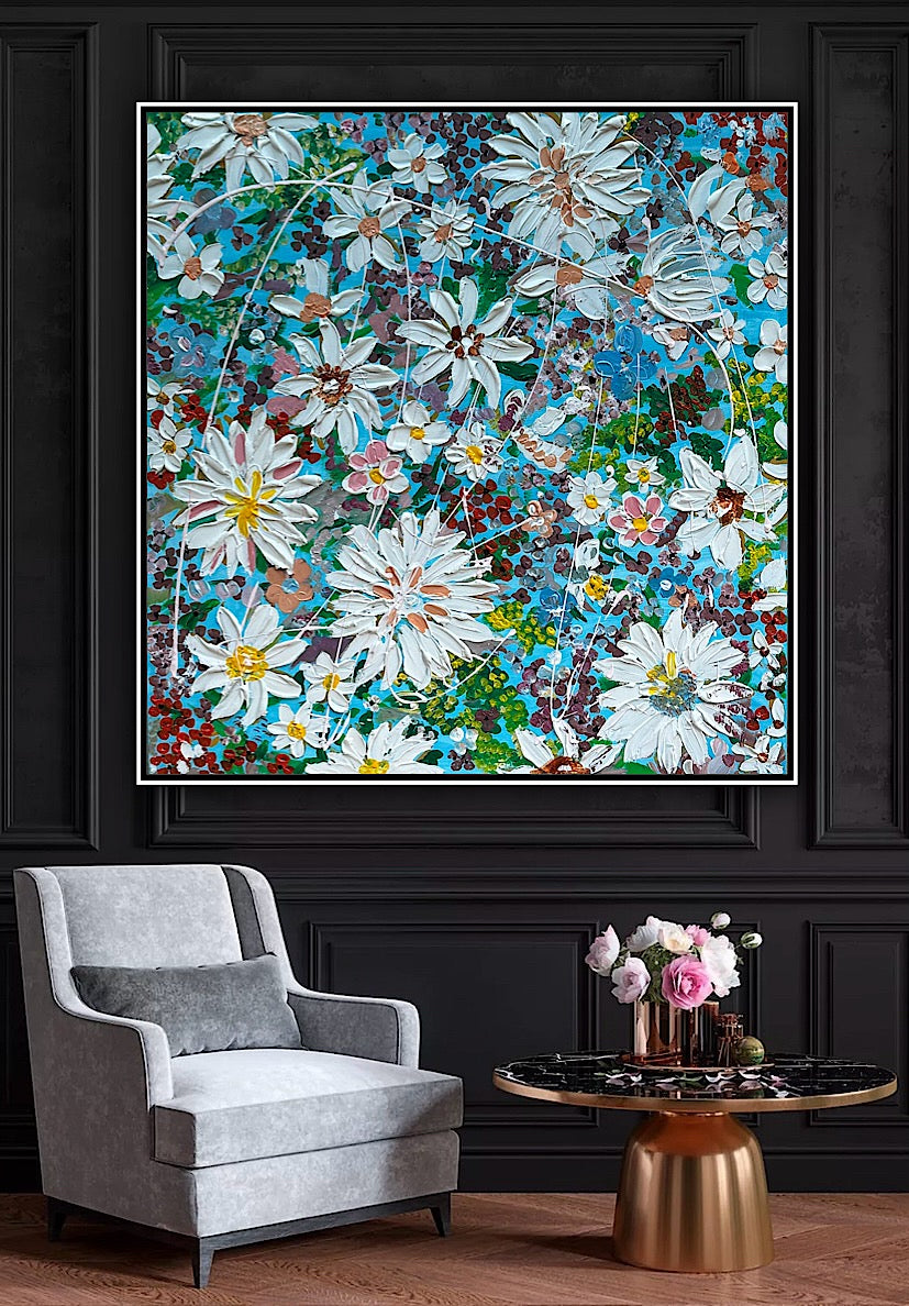 Original Abstract Oil Painting On Canvas 90 x 90cm Flowers in bloom textured framed