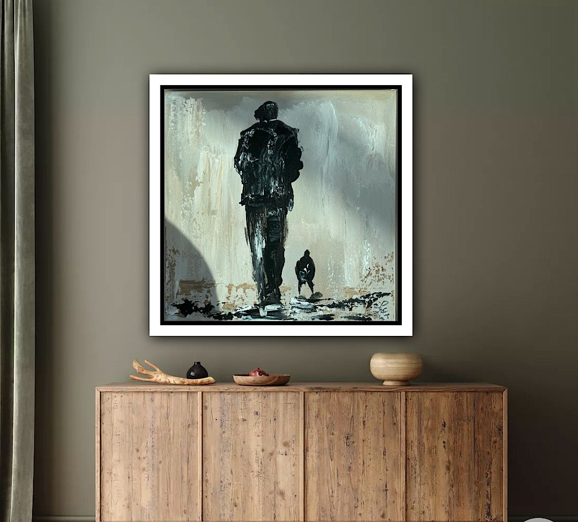 Oka Contemporary Abstract Original Oil Painting on canvas 33 x 33cm textured Pals man with a dog