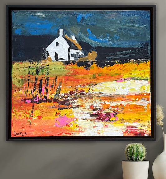 Framed Original Abstract contemporary Oil Painting On Canvas 43x40cm Magazine Irish House on a Hill Oka