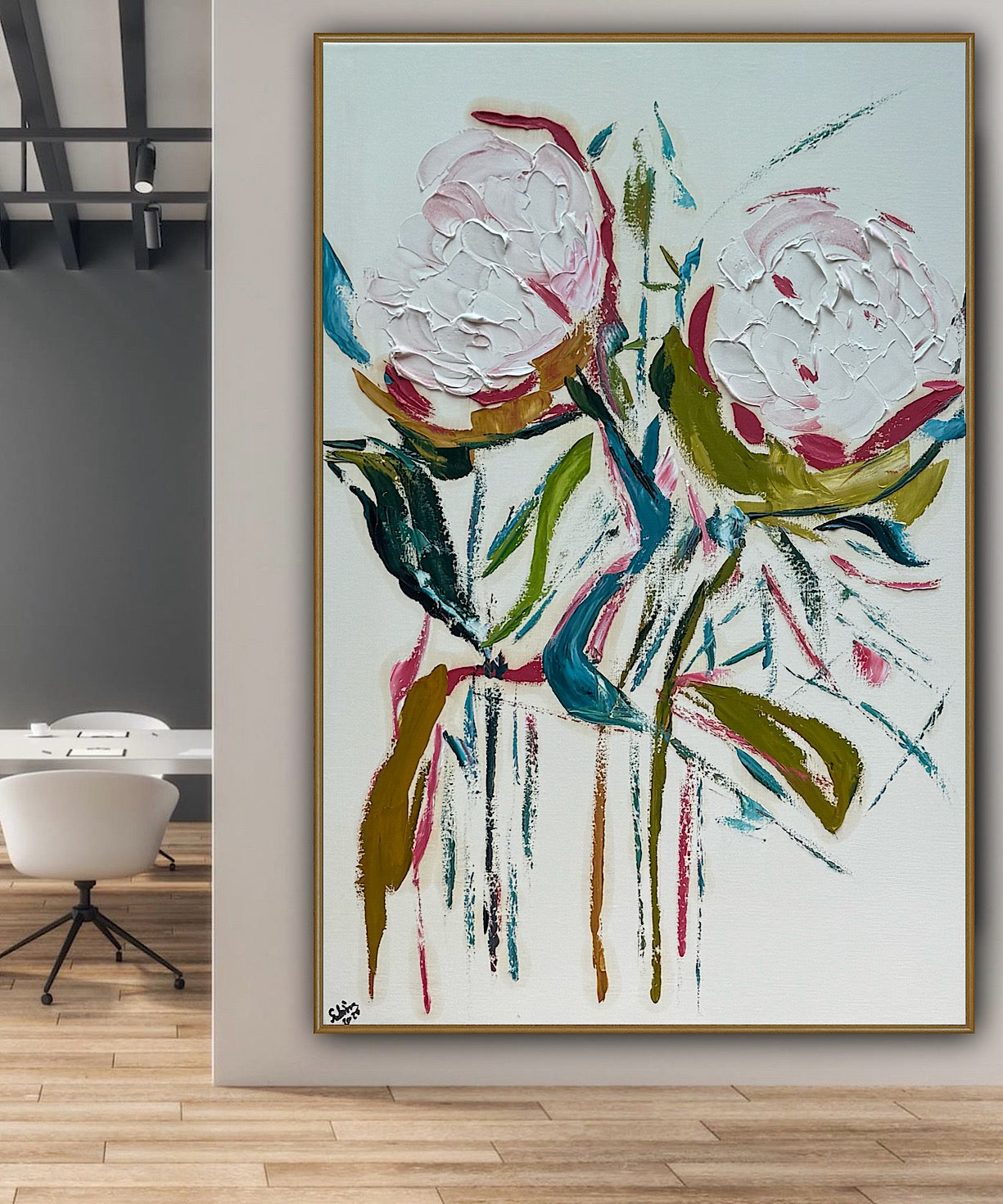 Oka Design Contemporary Abstract Original Oil Painting On 90 x 60cm Canvas Peonies floral