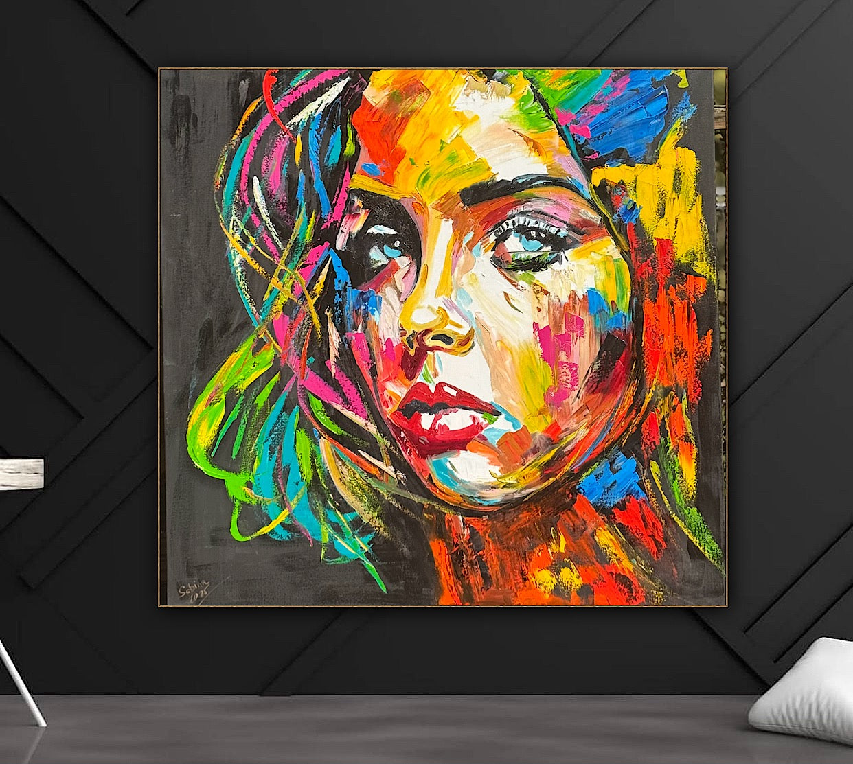 Modern Style Abstract Original Oil Painting On 100 x 100cm canvas Pillow talk woman portrait framed in black and gold frame