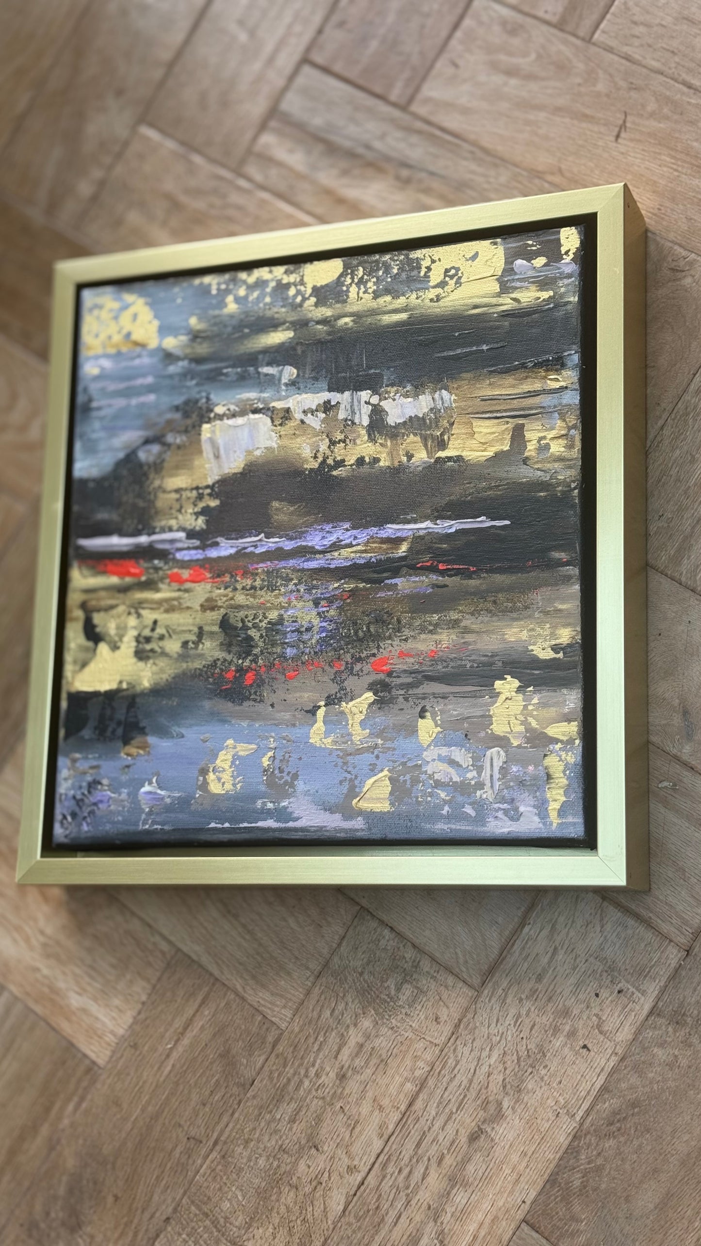 Framed Original Abstract contemporary Oil Painting On Canvas 35x35cm Sunset at lakes Oka