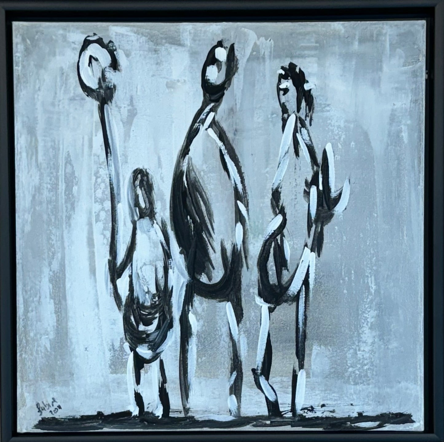 Framed in black Figurative Modern Abstract contemporary oil Painting On Canvas 42 x 42cm family