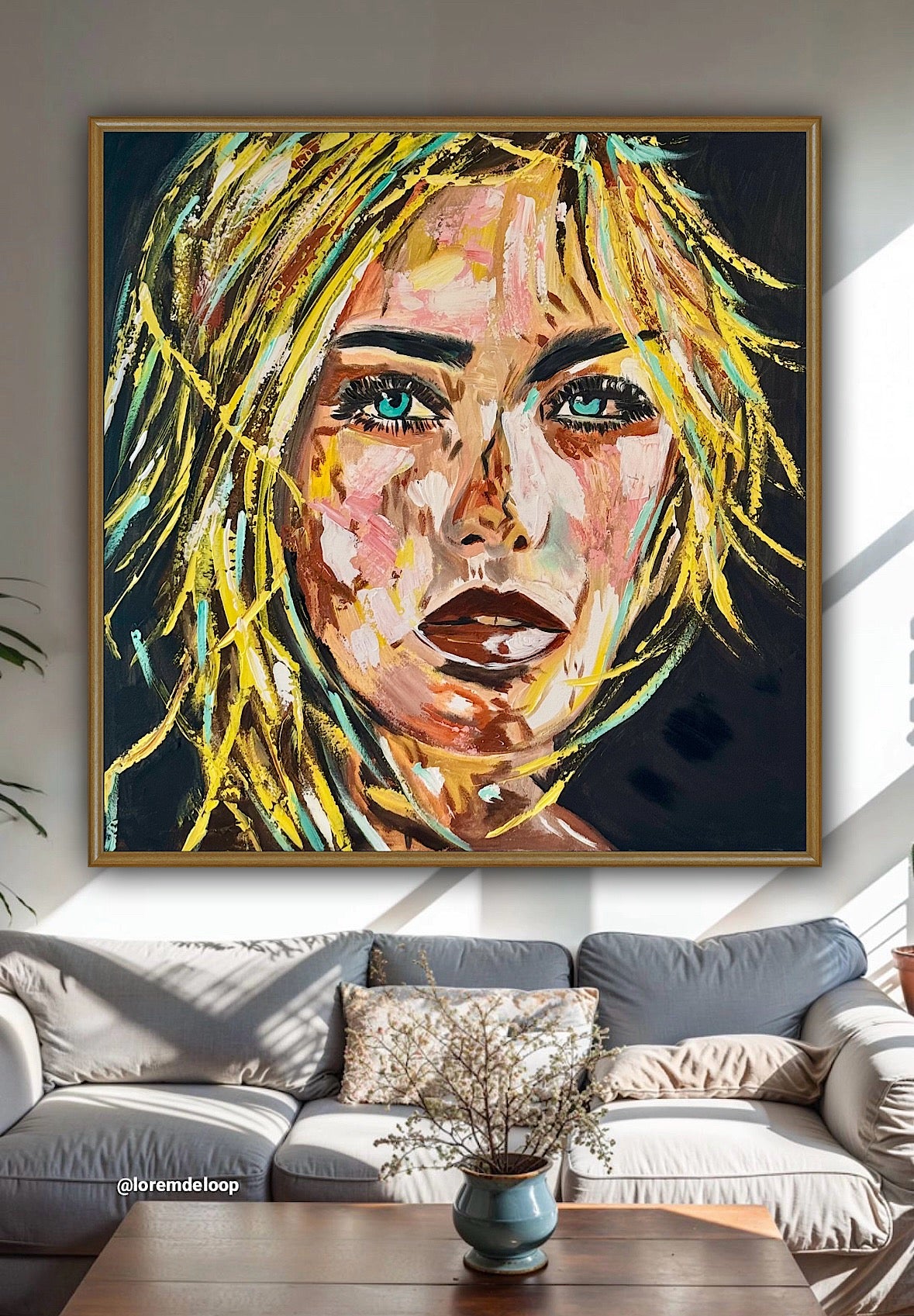 Contemporary Abstract Original Oil Painting On Canvas 90x90cm Blond girl ‘Luna’ woman’s portrait Framed