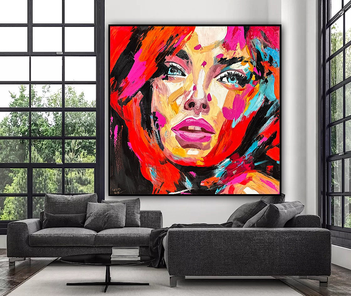 Richter Style Abstract Original Oil Painting On 100 x 100cm canvas Red head woman portrait