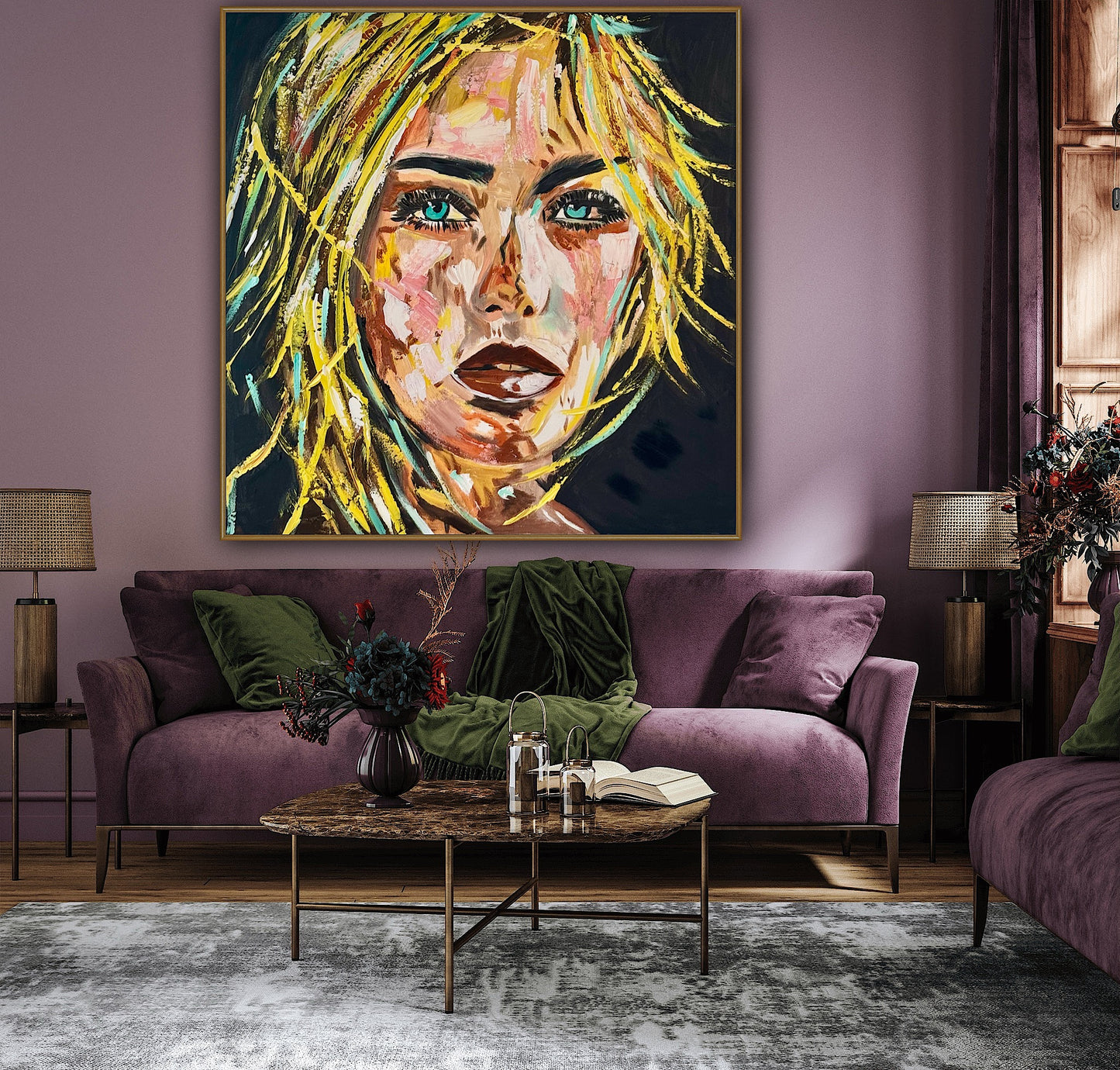 Contemporary Abstract Original Oil Painting On Canvas 90x90cm Blond girl ‘Luna’ woman’s portrait Framed
