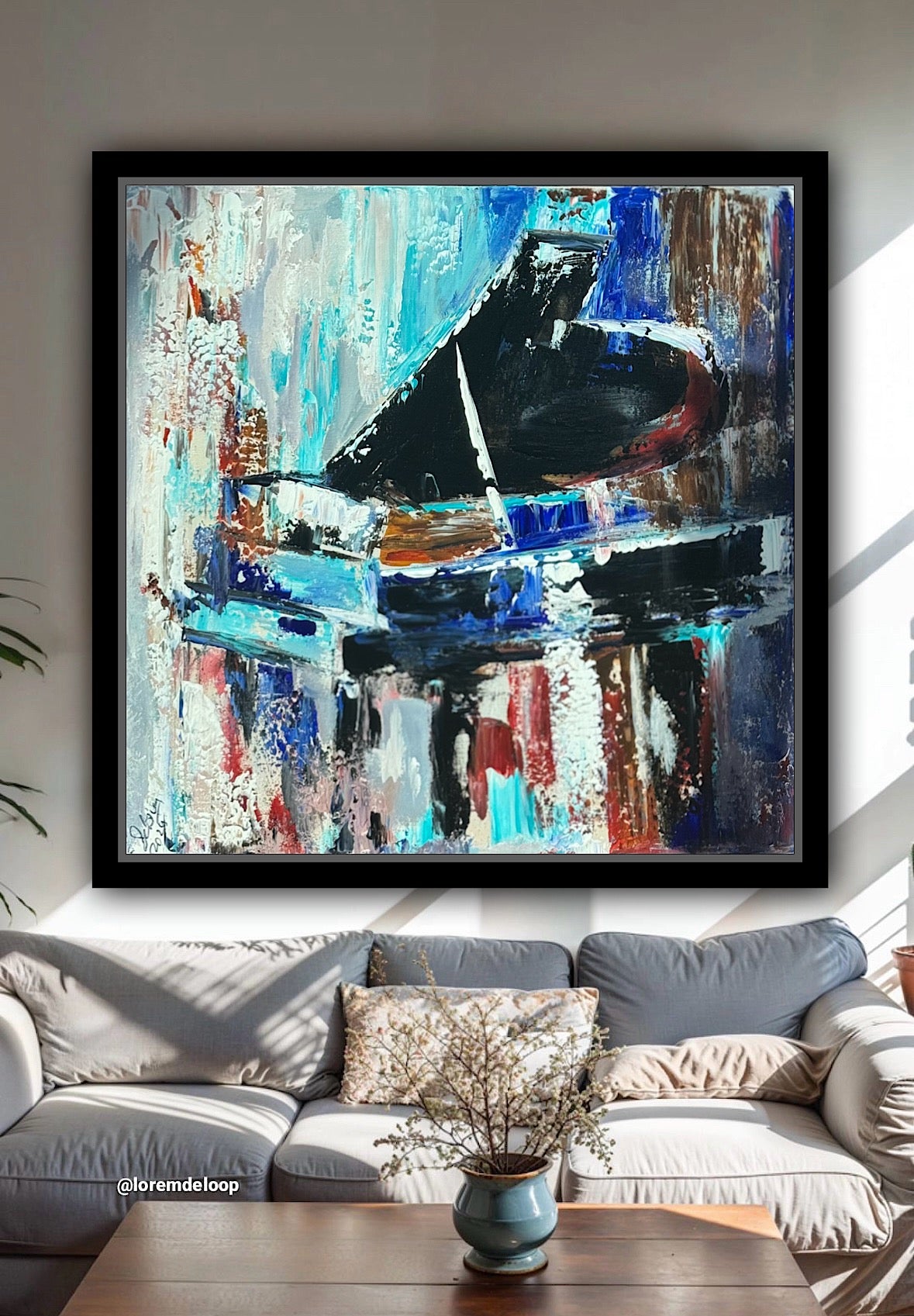 Framed in black Textured Original Abstract Oil Painting On Canvas 55x55cm Black Grand Piano