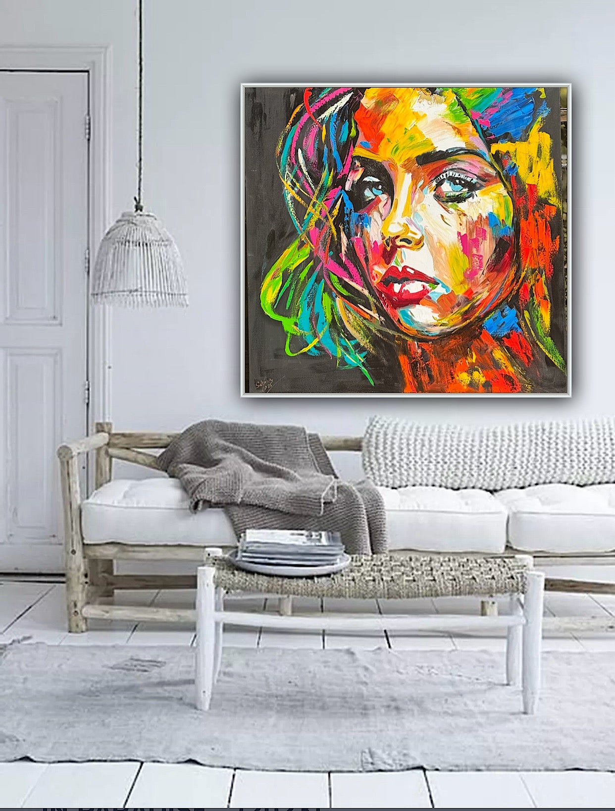 Modern Style Abstract Original Oil Painting On 100 x 100cm canvas Pillow talk woman portrait framed in black and gold frame