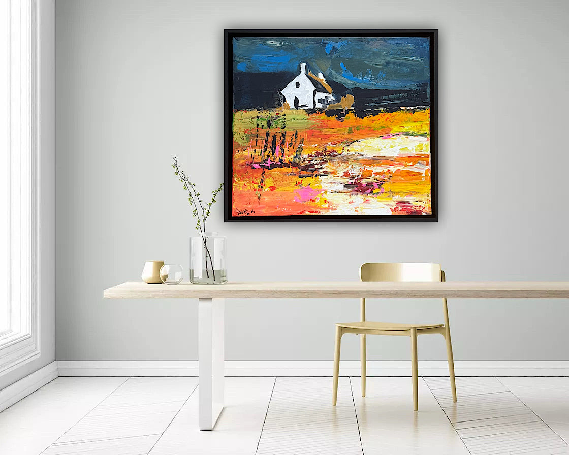 Framed Original Abstract contemporary Oil Painting On Canvas 43x40cm Magazine Irish House on a Hill Oka
