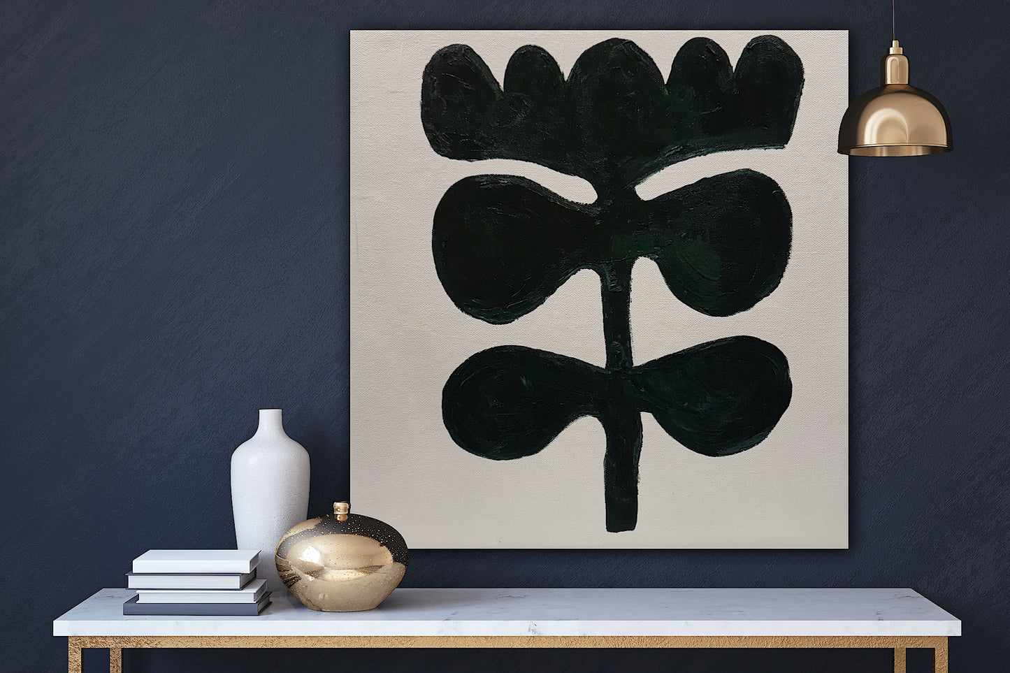Eferi Plant II Green & White Modern Abstract oil Painting On Canvas 40x40cm In Oka floral