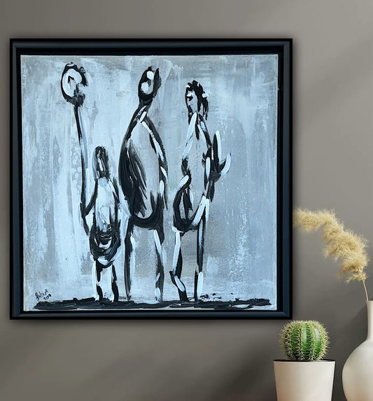 Framed in black Figurative Modern Abstract contemporary oil Painting On Canvas 42 x 42cm family