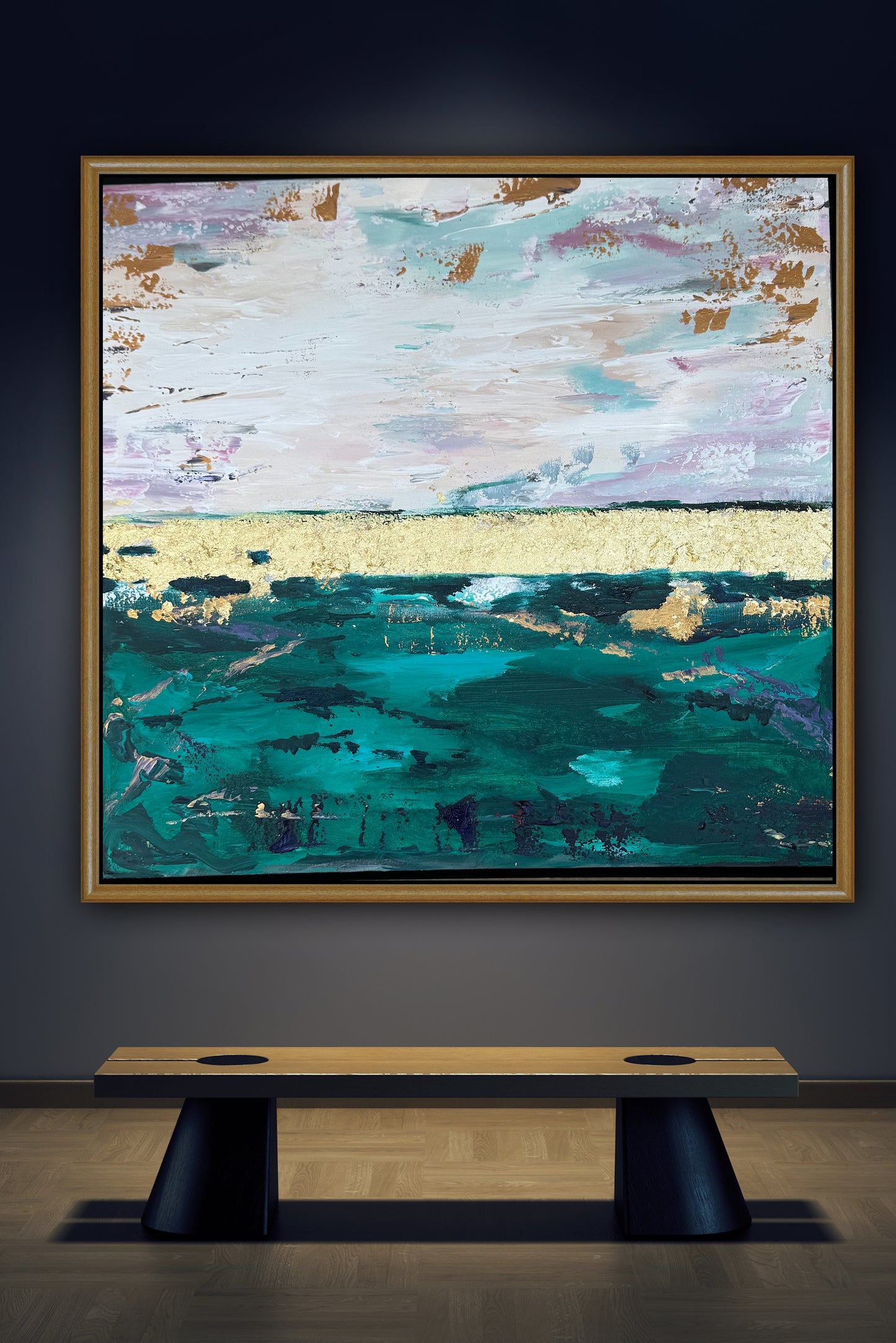 Framed in antique gold Textured Original Abstract Oil Painting On Canvas 70x70cm Seascape with gold leaf