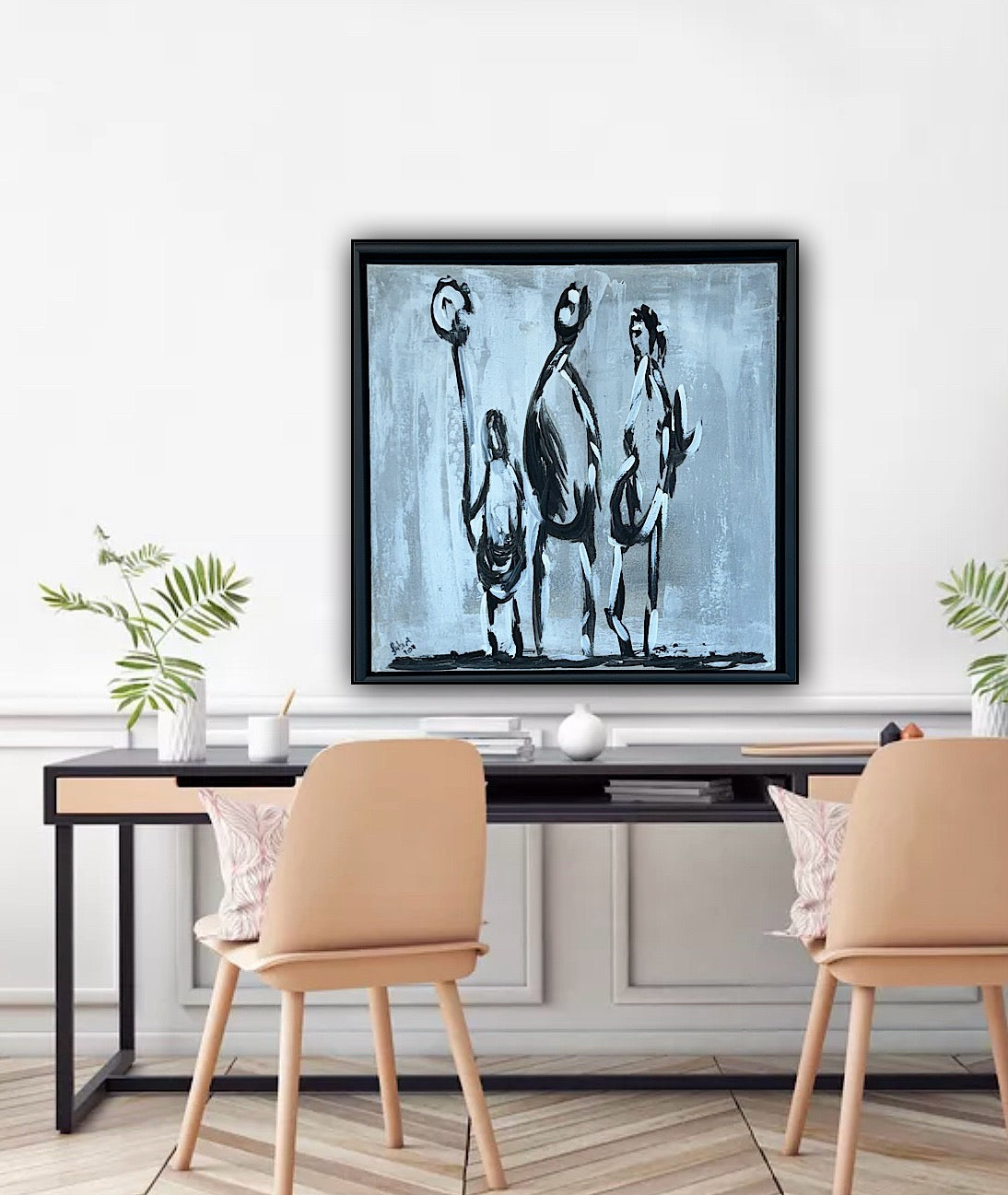 Framed in black Figurative Modern Abstract contemporary oil Painting On Canvas 42 x 42cm family