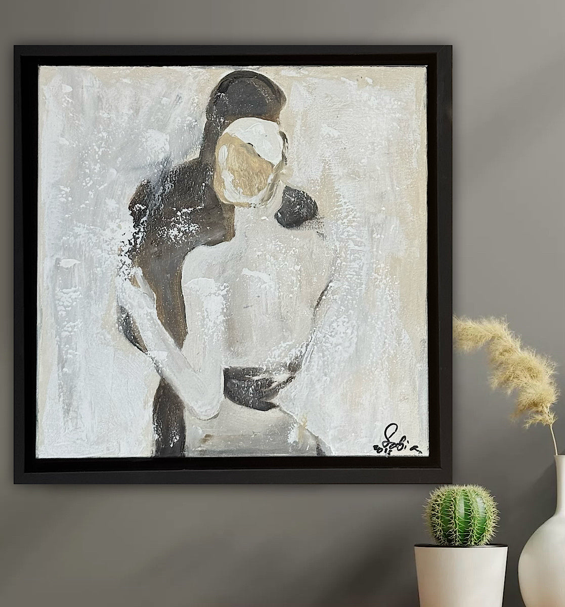 Framed Original Abstract contemporary Oil Painting On Canvas 35x35cm love dance oka
