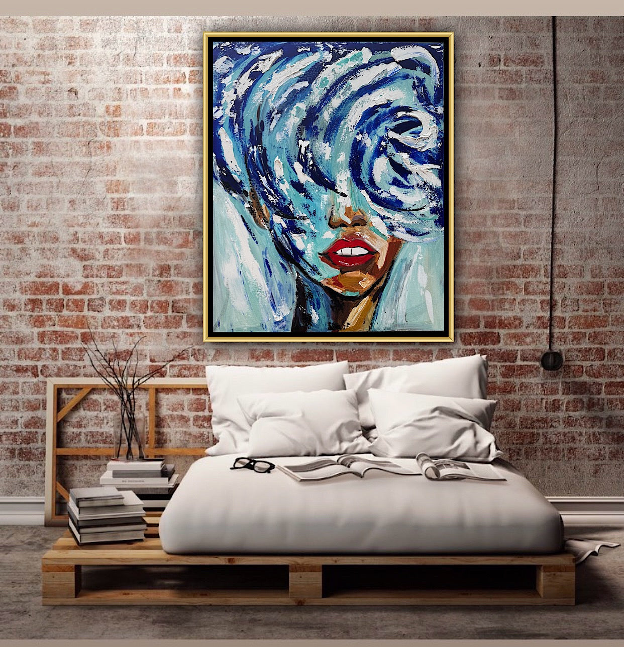 Large Abstract Original Oil Painting On 80x70cm canvas Waves Woman texture Vogue portrait framed in gold bespoke frame