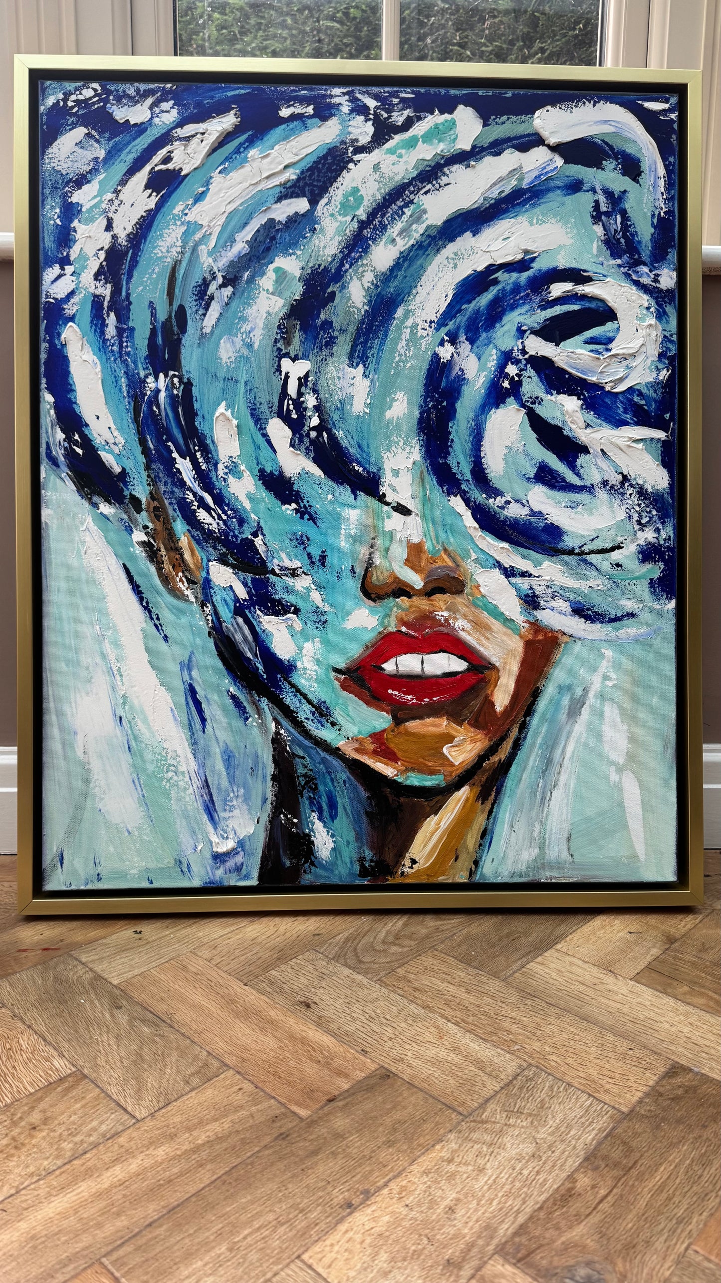 Large Abstract Original Oil Painting On 80x70cm canvas Waves Woman texture Vogue portrait framed in gold bespoke frame