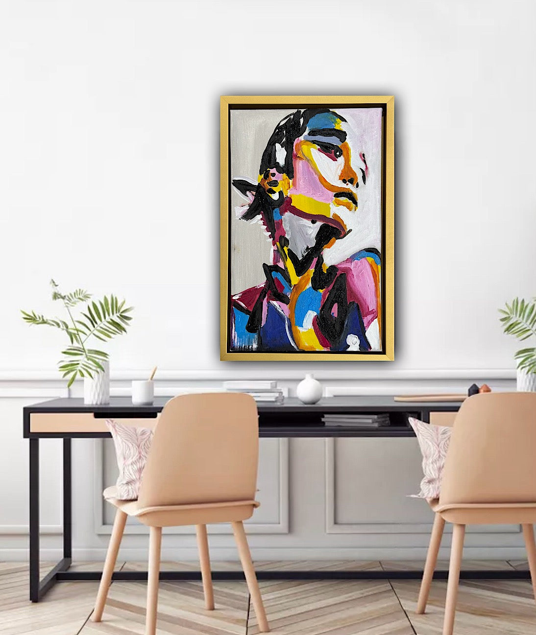 Framed in gold bronze Original Abstract Oil Painting On Canvas 36 x 24cm The Silent phoenix’ Girl Oka portrait