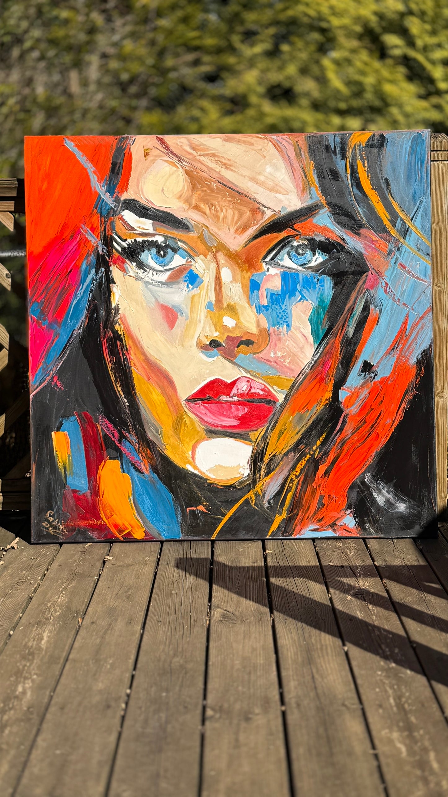 Richter Style Abstract Original Oil Painting On 100 x 100cm canvas Blue eyes woman portrait