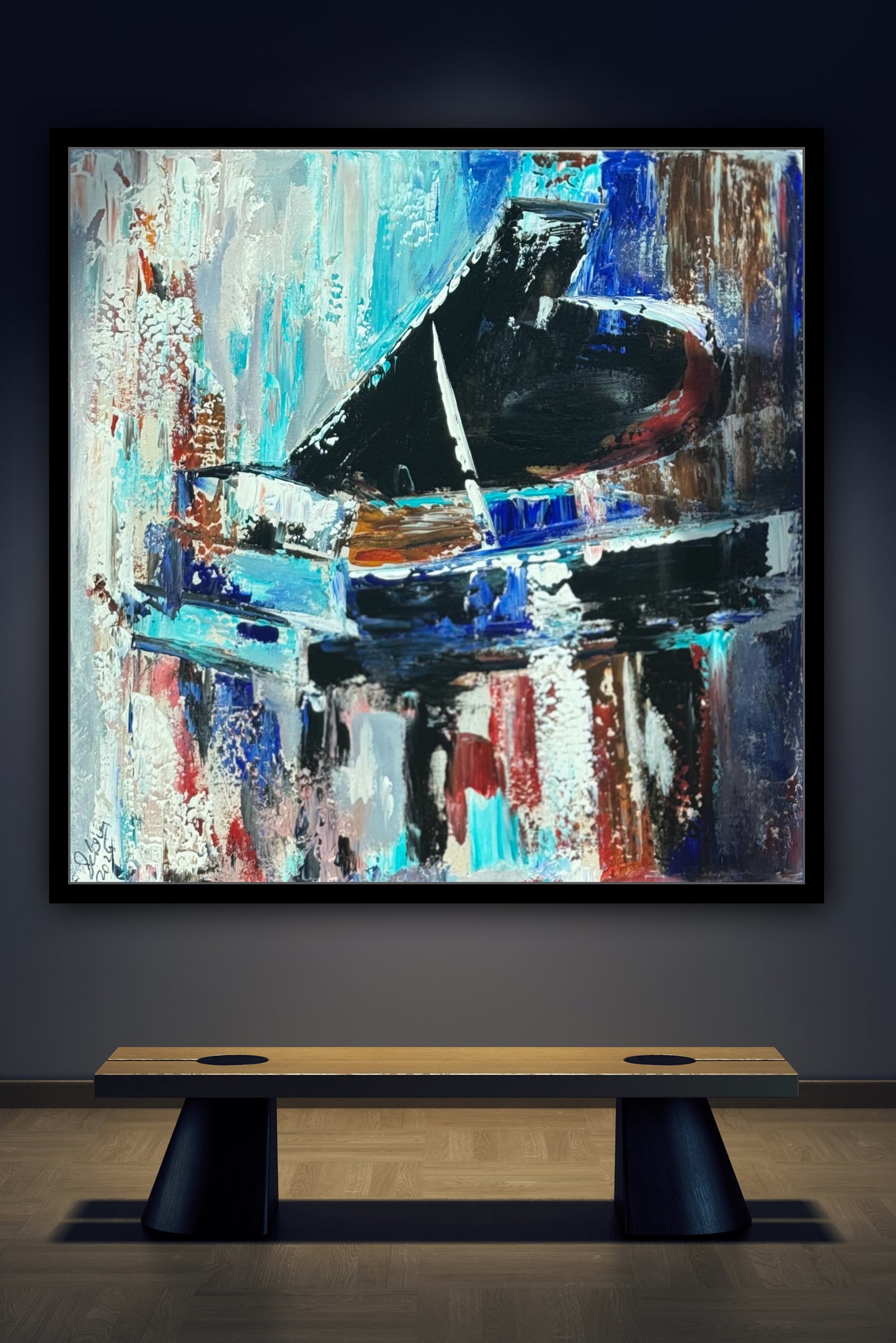 Framed in black Textured Original Abstract Oil Painting On Canvas 55x55cm Black Grand Piano