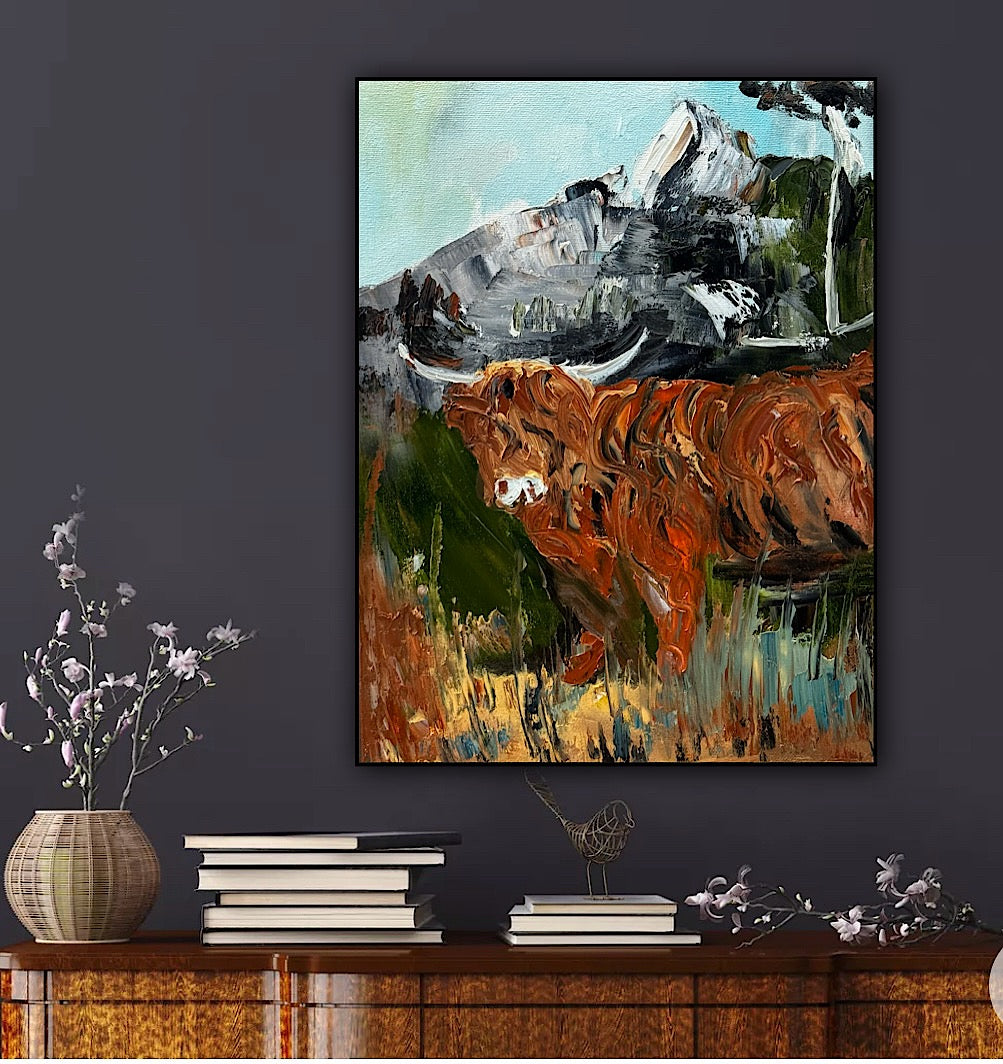 Abstract Original Oil Painting On 30 x 40cm Canvas Aboriginal highland cow ‘Bertie’ animal