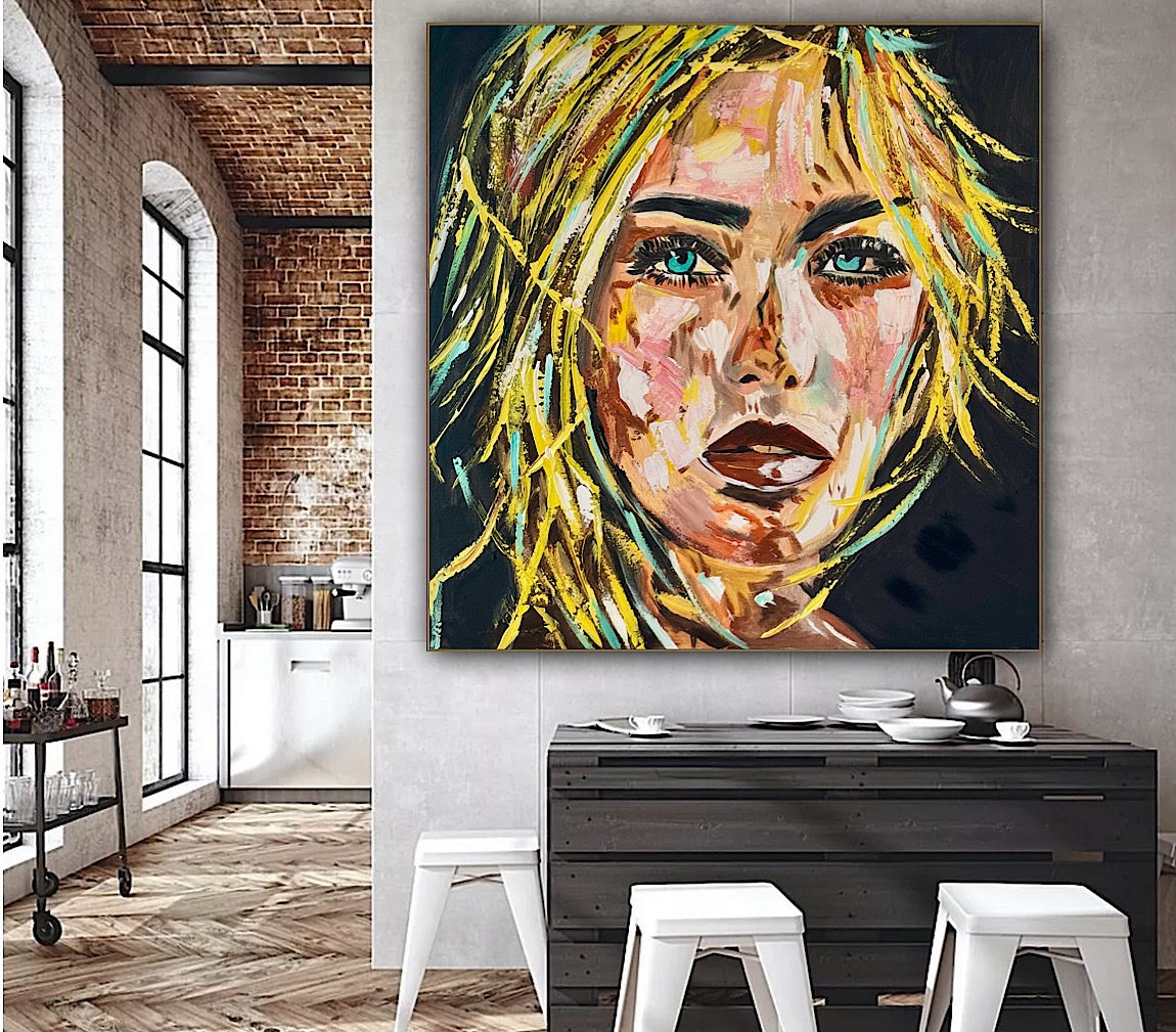 Contemporary Abstract Original Oil Painting On Canvas 90x90cm Blond girl ‘Luna’ woman’s portrait Framed