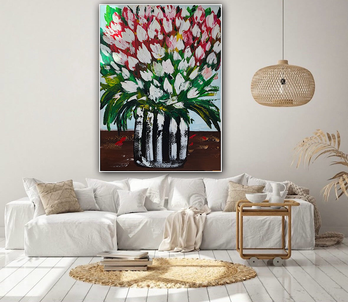 Large Abstract Original Oil Painting On 100x80cm canvas Flowers White Tulips III