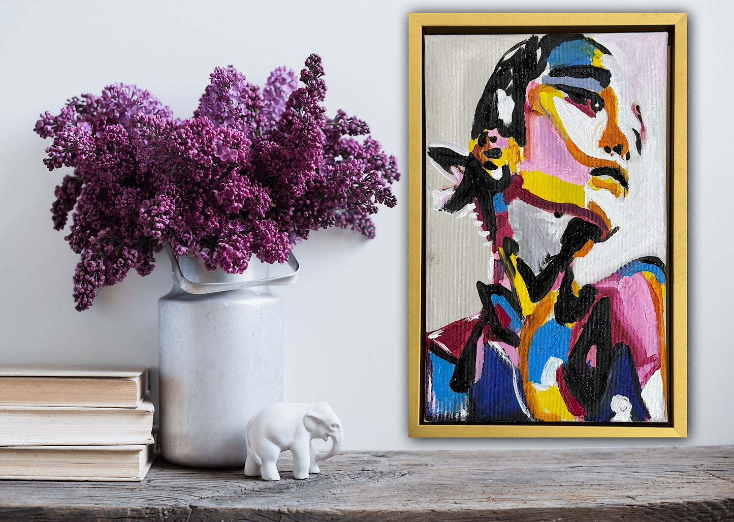 Framed in gold bronze Original Abstract Oil Painting On Canvas 36 x 24cm The Silent phoenix’ Girl Oka portrait