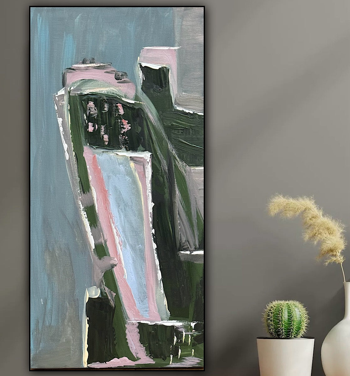 Oka Contemporary Abstract Original Oil Painting 30cm x 60cm textured House on a Hill