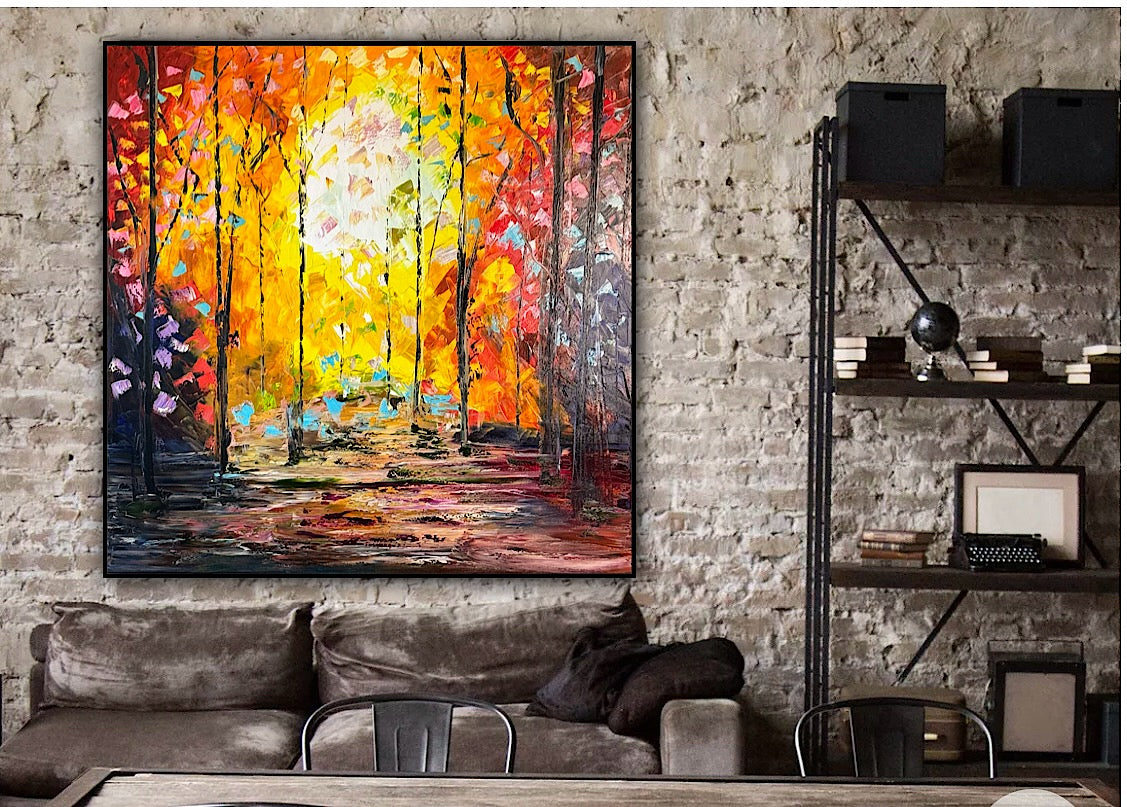 Richter Original Abstract Oil Painting 100x100cm On 1.6cm Canvas Autumn Forest