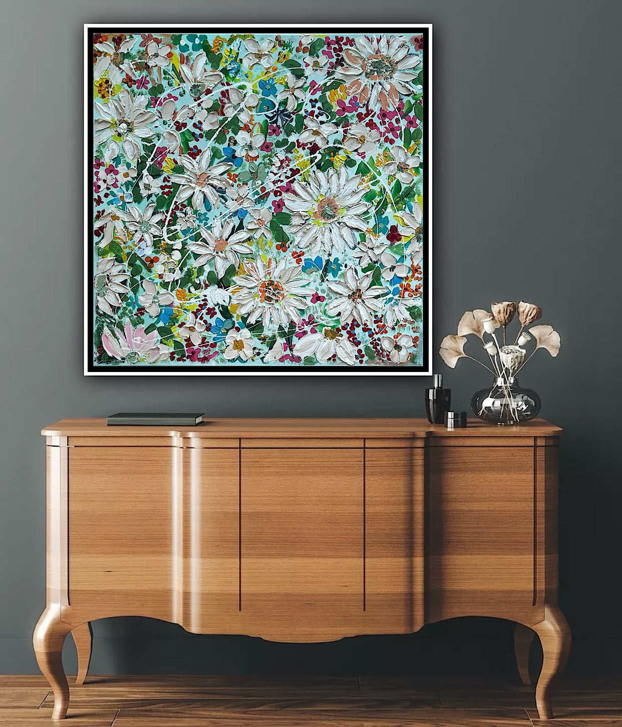 Framed Original Abstract Oil Painting On Canvas 80x80cm Daisies & more Flowers Textured