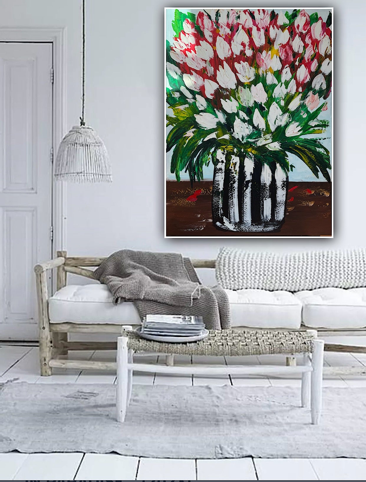 Large Abstract Original Oil Painting On 100x80cm canvas Flowers White Tulips III