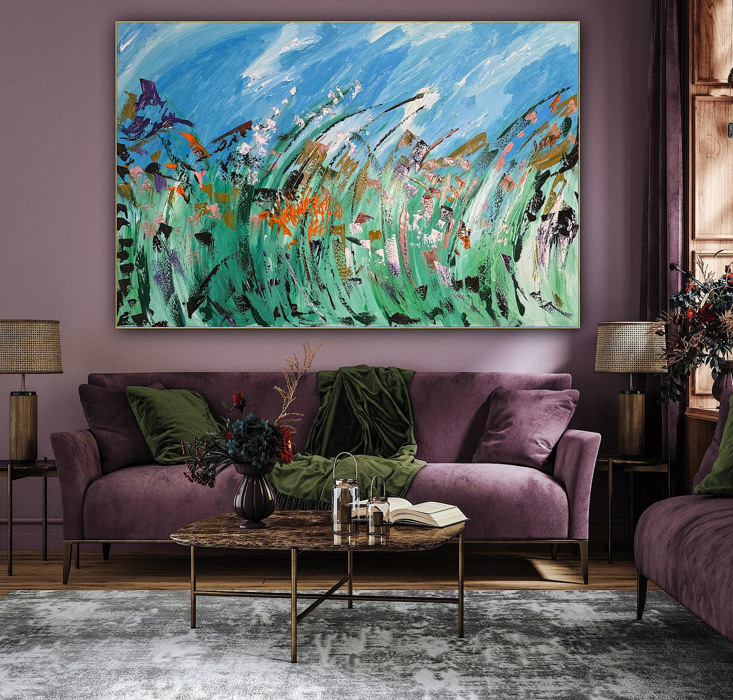 Original Abstract Oil Painting On Canvas 150cm x 100cm Meadow Field Oka floral