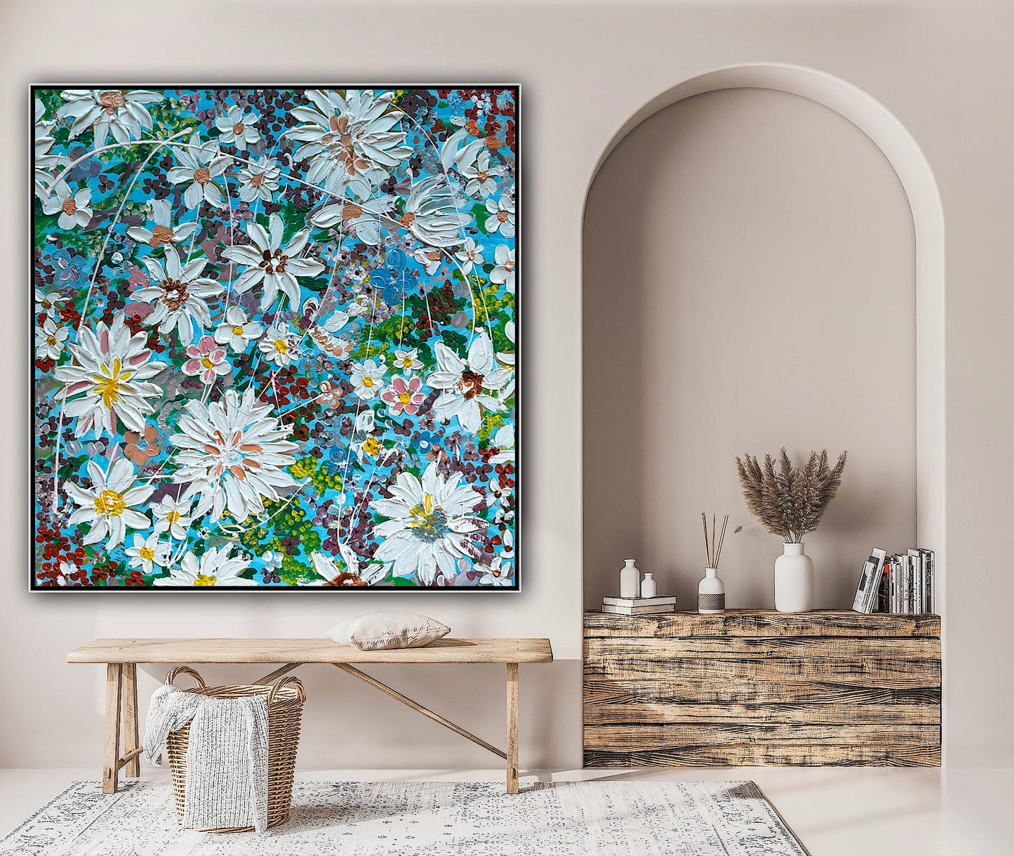 Original Abstract Oil Painting On Canvas 90 x 90cm Flowers in bloom textured framed