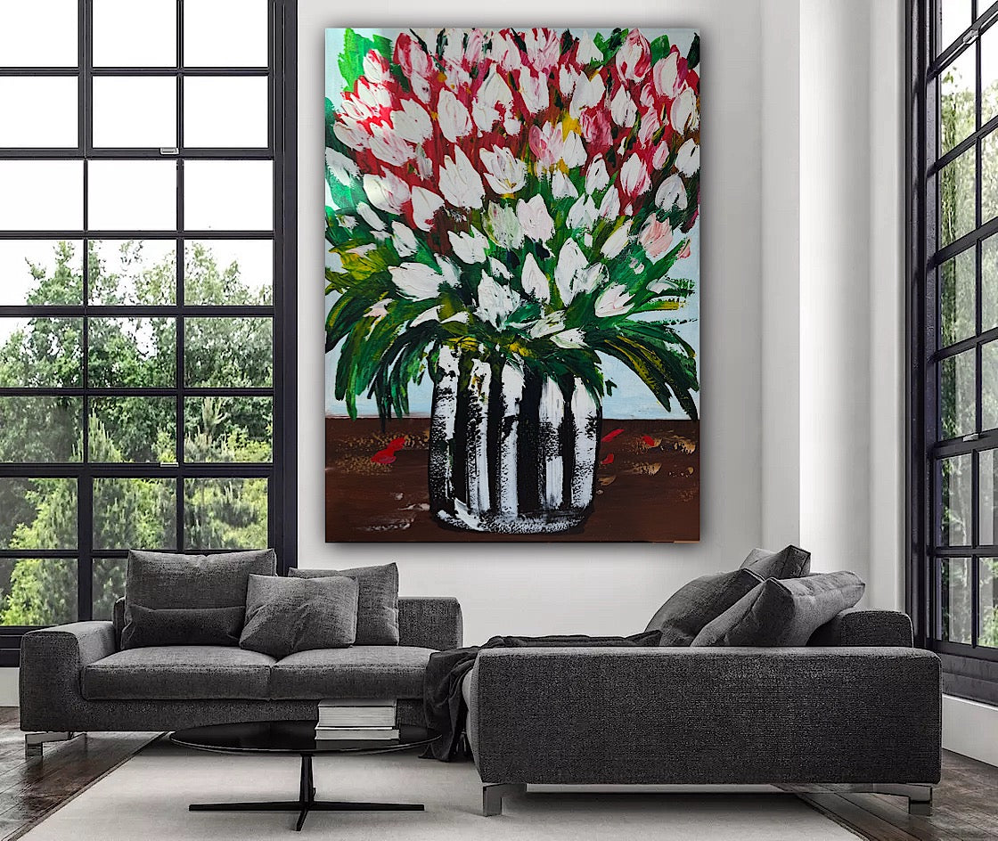 Large Abstract Original Oil Painting On 100x80cm canvas Flowers White Tulips III