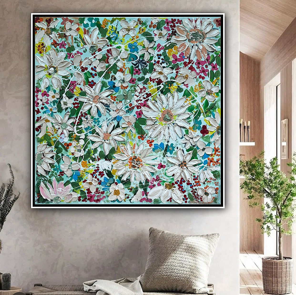 Framed Original Abstract Oil Painting On Canvas 80x80cm Daisies & more Flowers Textured