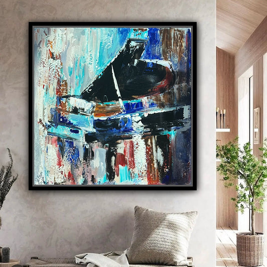 Framed in black Textured Original Abstract Oil Painting On Canvas 55x55cm Black Grand Piano