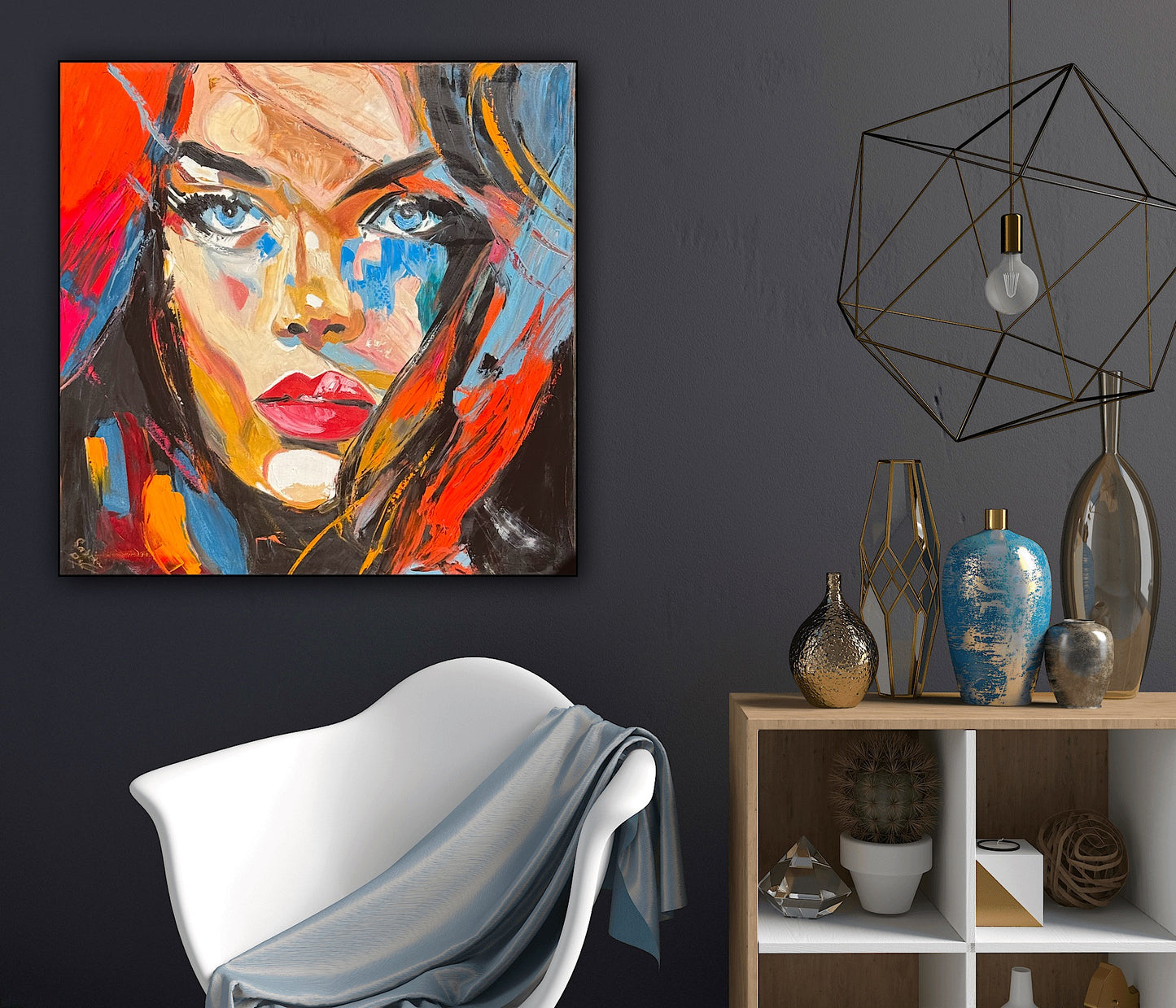 Richter Style Abstract Original Oil Painting On 100 x 100cm canvas Blue eyes woman portrait