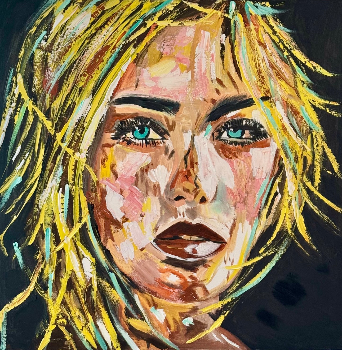 Contemporary Abstract Original Oil Painting On Canvas 90x90cm Blond girl ‘Luna’ woman’s portrait Framed