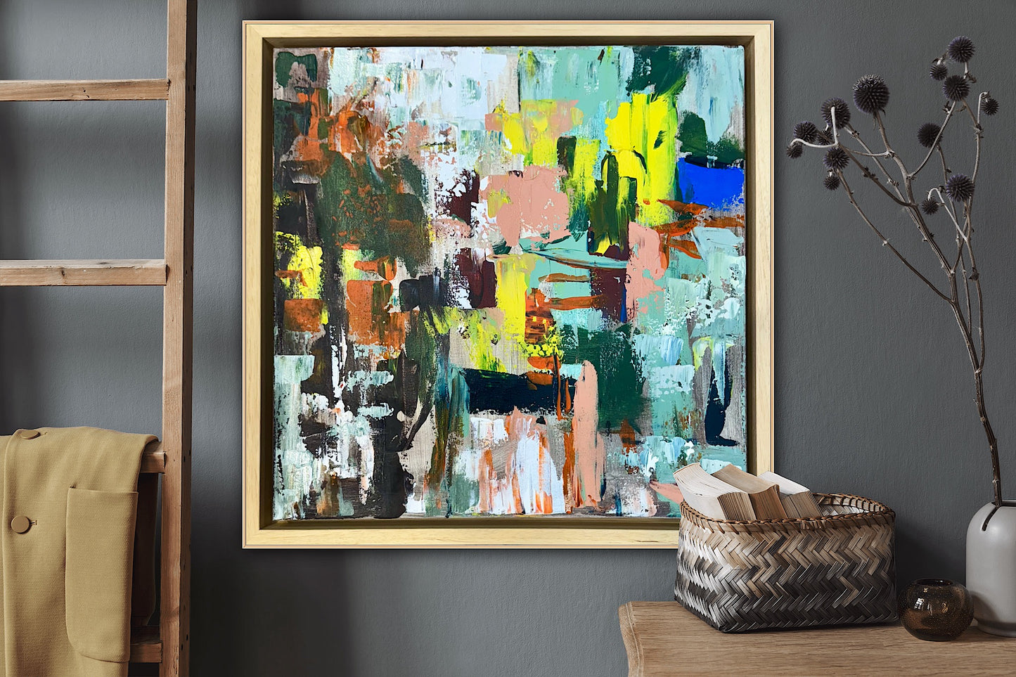 Framed Original Abstract Oil Painting On Canvas 52 x 52cm city lights Oka