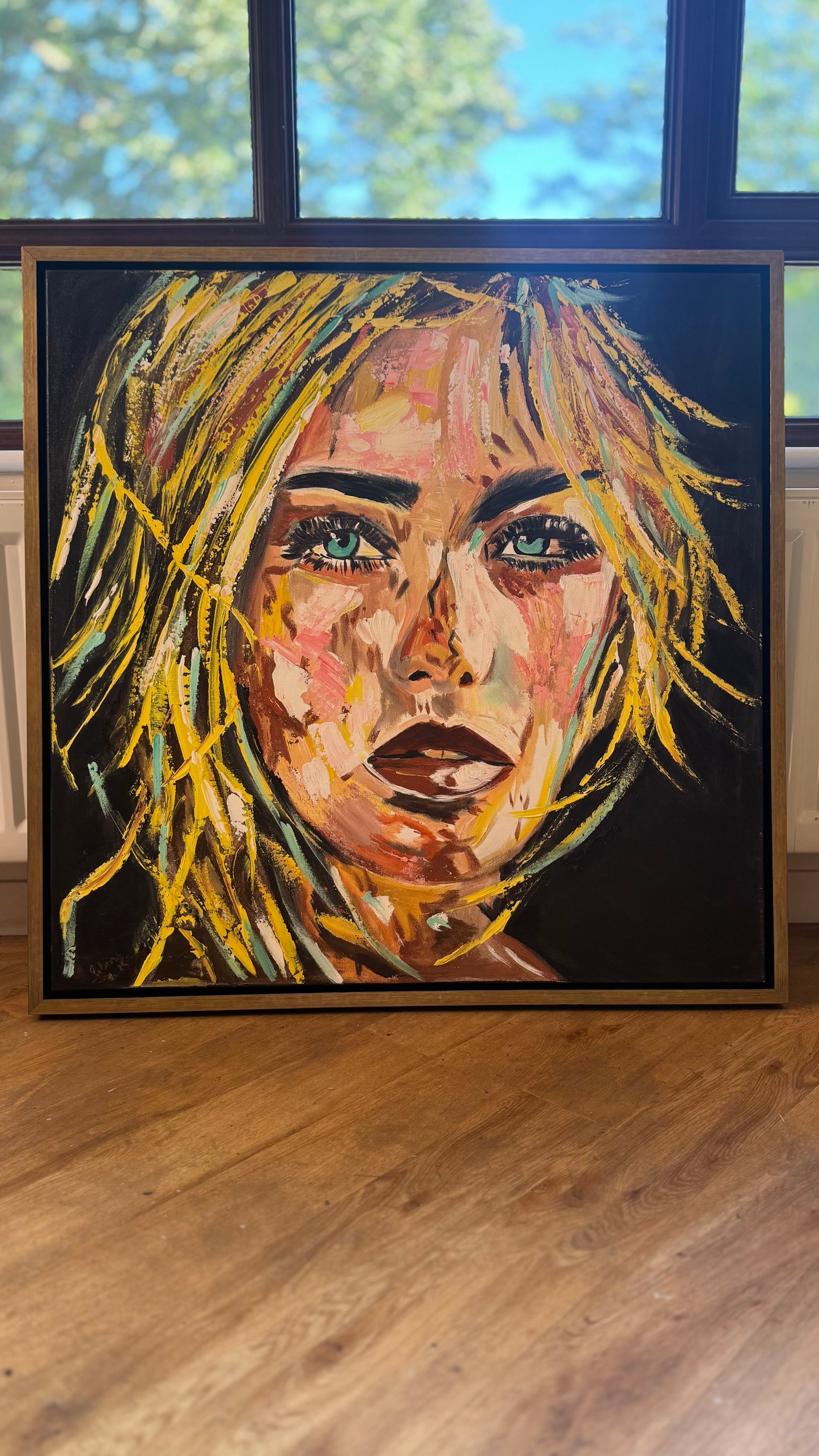 Contemporary Abstract Original Oil Painting On Canvas 90x90cm Blond girl ‘Luna’ woman’s portrait Framed