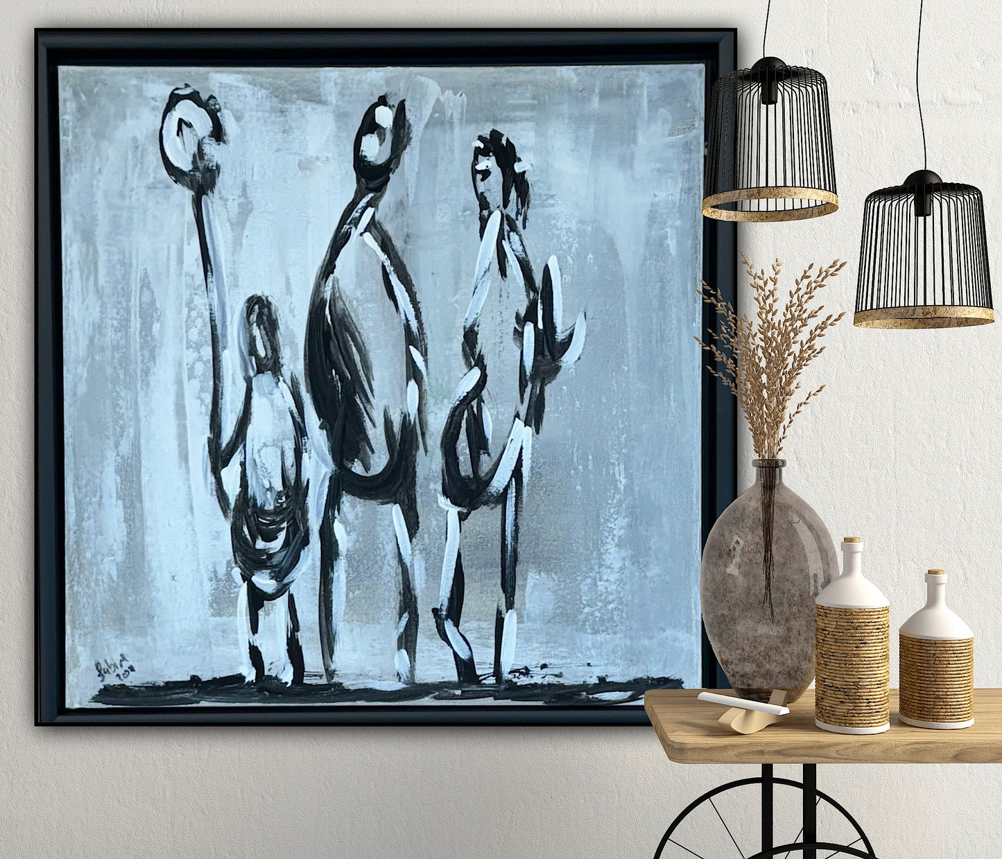 Framed in black Figurative Modern Abstract contemporary oil Painting On Canvas 42 x 42cm family