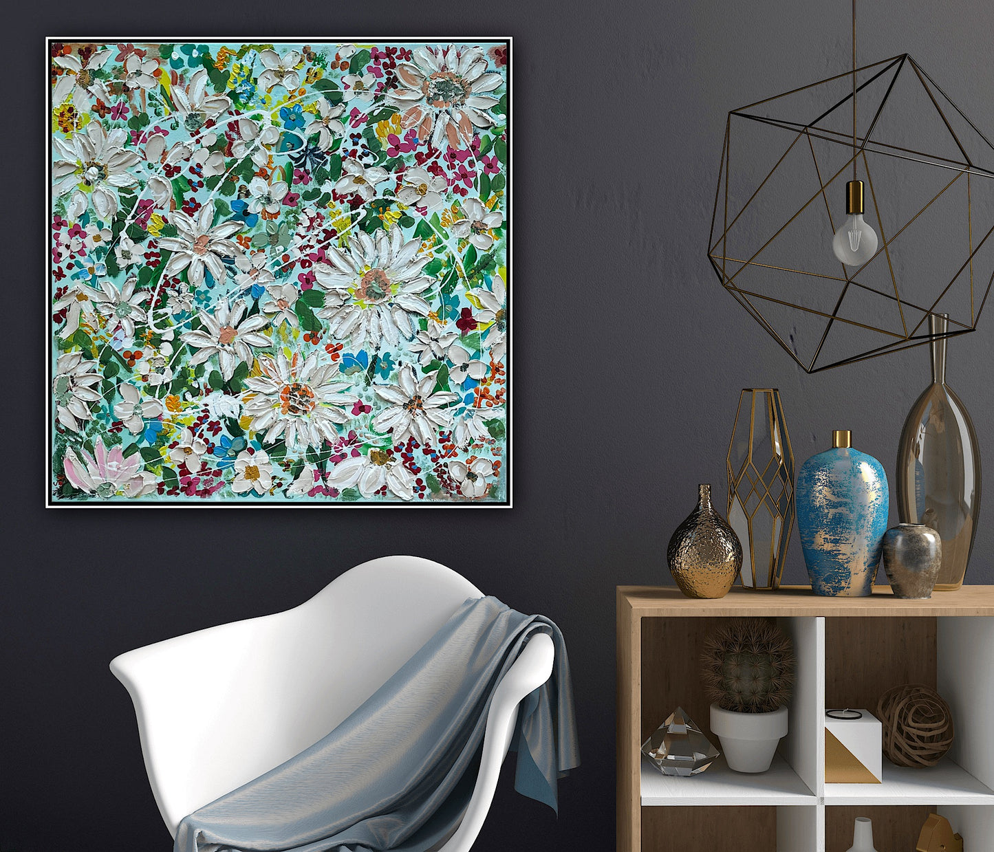 Framed Original Abstract Oil Painting On Canvas 80x80cm Daisies & more Flowers Textured
