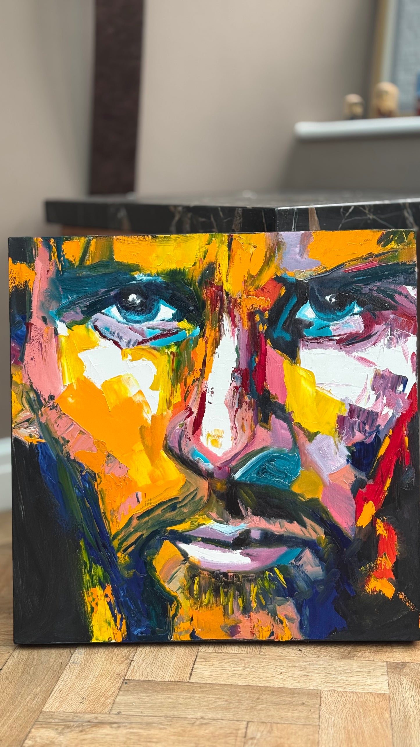 Original Abstract mixed media oil Painting On Canvas 50x50cm male portrait ‘Alejandro’ oka