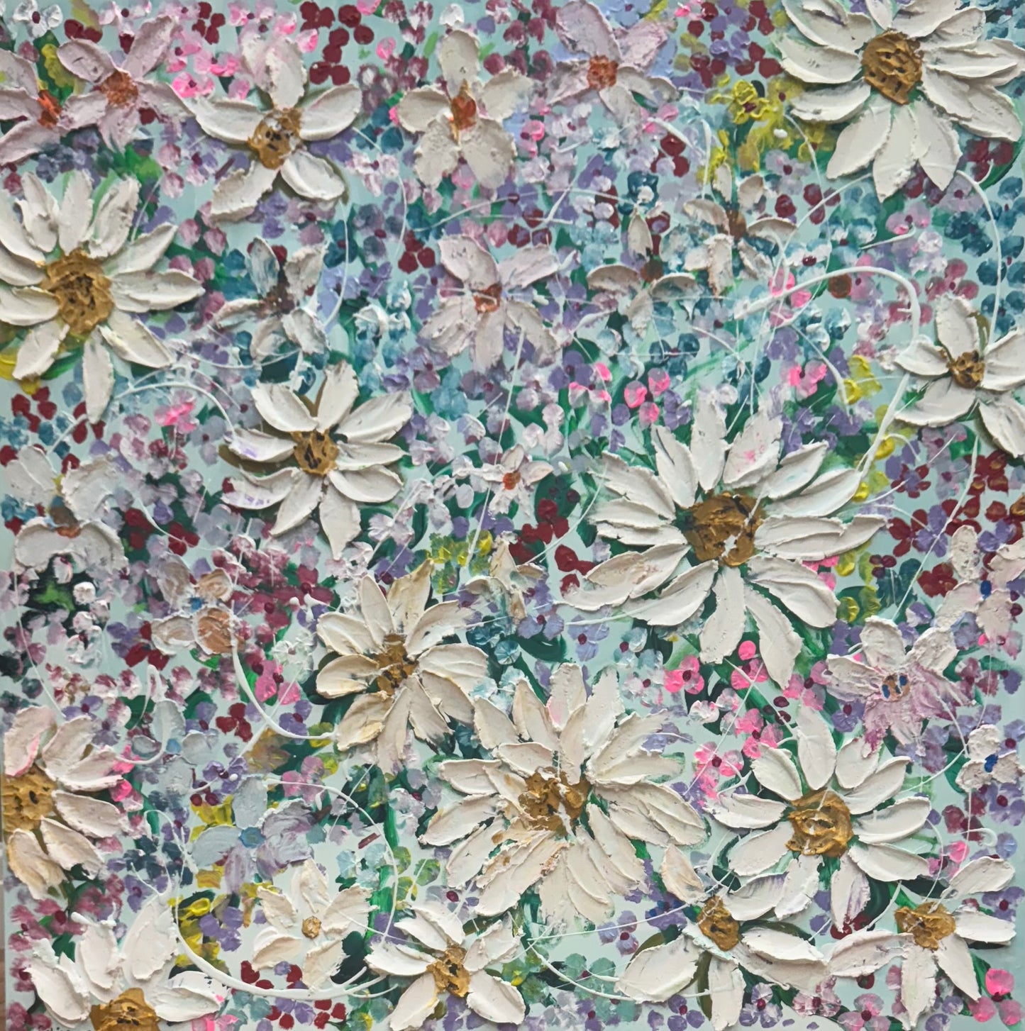 Original Abstract Oil Painting On deep edge Canvas 80x80cm Summer Flowers and more Flowers Textured