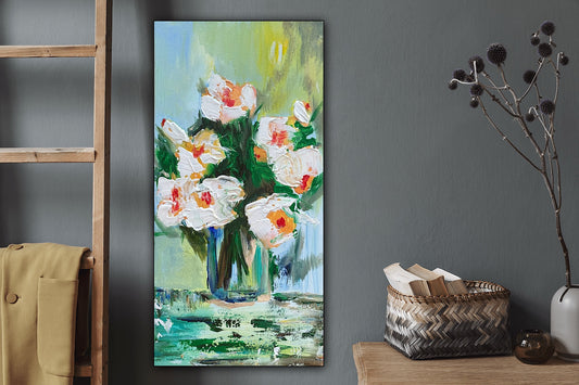 Oka Contemporary Abstract Original Oil Painting on 30cm x 60cm canvas textured White Roses floral love