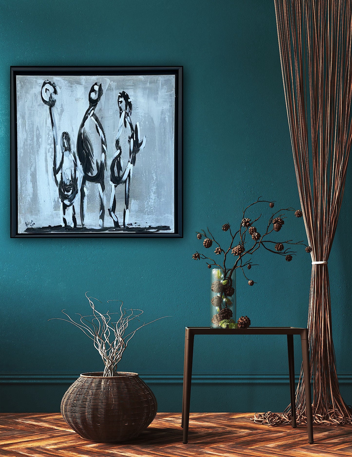 Framed in black Figurative Modern Abstract contemporary oil Painting On Canvas 42 x 42cm family