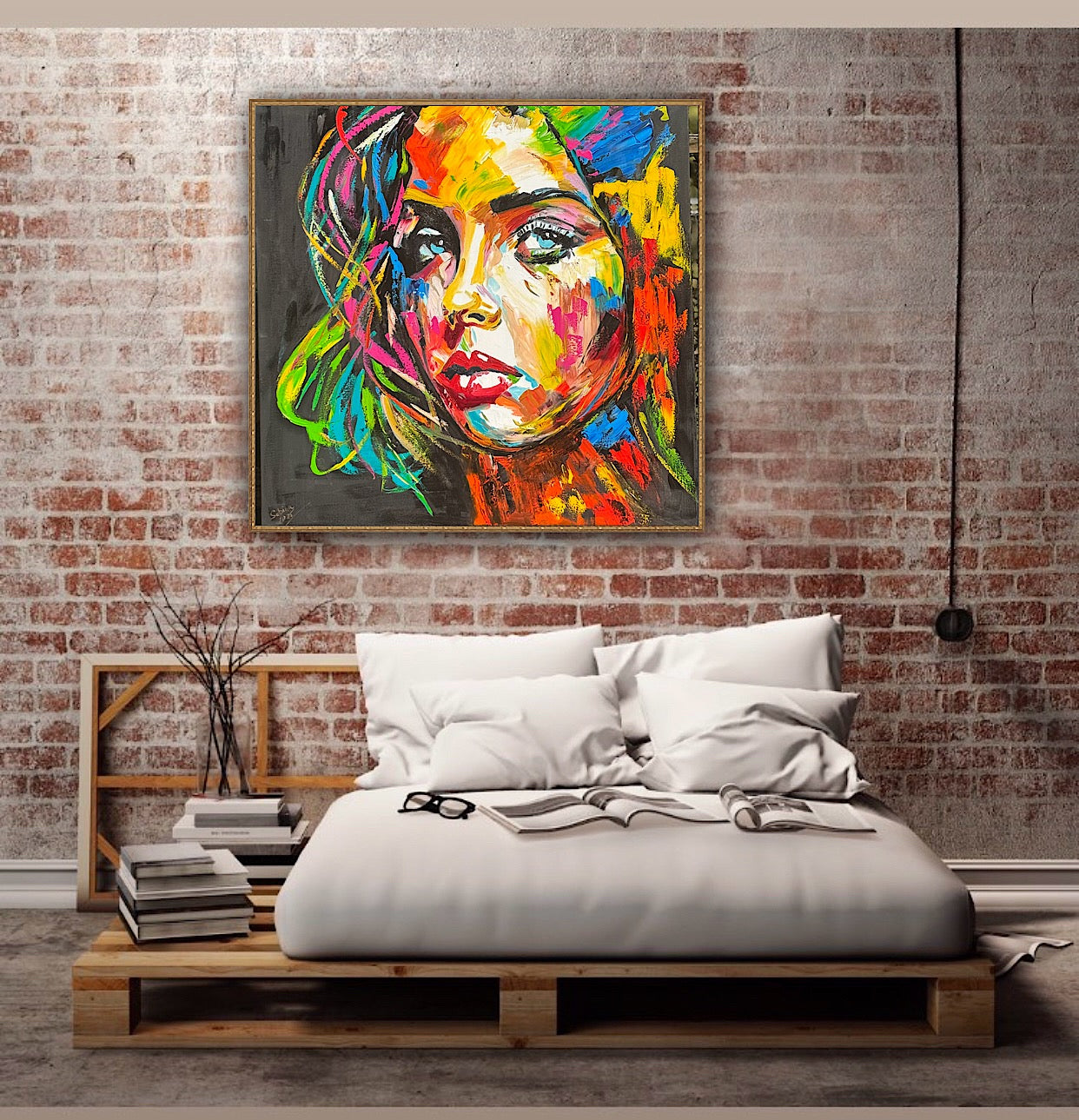 Modern Style Abstract Original Oil Painting On 100 x 100cm canvas Pillow talk woman portrait framed in black and gold frame