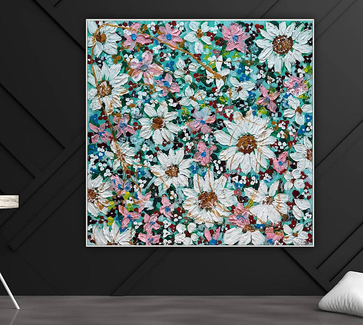 Original Abstract Oil Painting On deep edge Canvas 100x100cm Daisies & more Flowers Textured