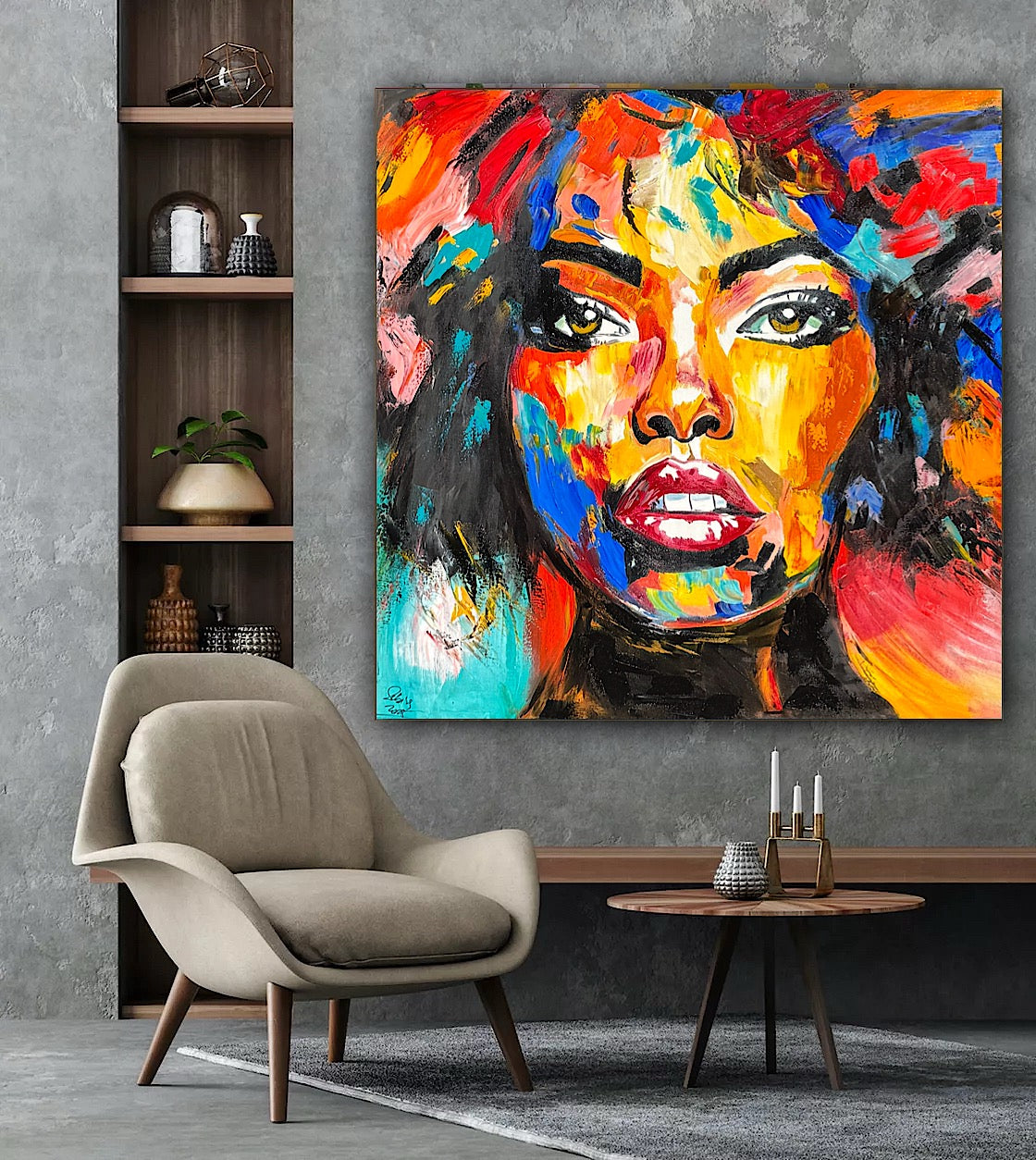 Richter Style Abstract Original Oil Painting On 100 x 100cm canvas Beauty Hazel eyes woman portrait